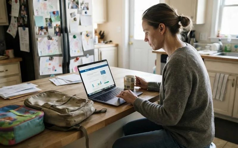 A parent checking a child care service's official quality rating on a laptop before a tour