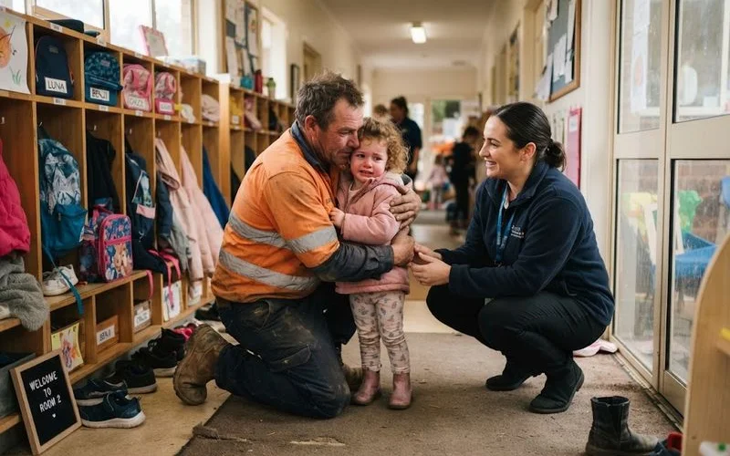 A parent in scrubs dropping off a child at an early-opening child care centre before sunrise