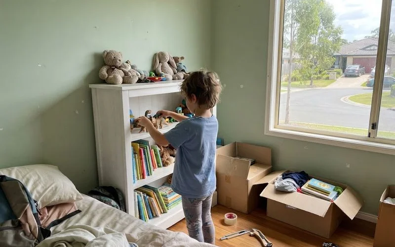 A family unpacking moving boxes in a new home while a young child plays nearby on the floor